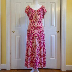 Loft Pink & Orange Paisley Print Flutter Sleeve A-Line Midi Dress Women's Size 8